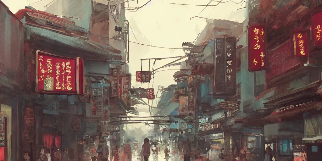 Image similar to an old cinema at a quiet petaling street in chinatown, kuala lumpur, rainy day, matte painting, studio ghibli, artstation