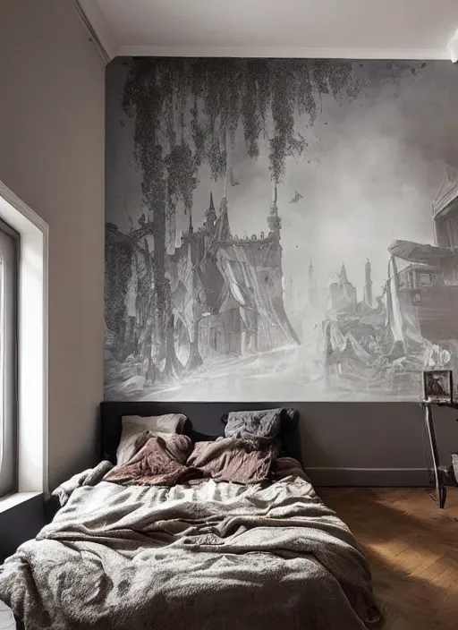 Image similar to a dreary bedroom, but above the bed are fantastical scenes of dreams, dreams invading mundane spaces, fantasy infiltrating reality, bubbles of the impossible, 8k, ultradetailed, illustrated by Greg Rutkowski and Caspar David Friedrich.