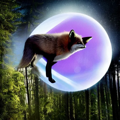 Prompt: a purple fox with a long fluffy and shiny coat sits in the forest on a ufo flying saucer. super realistic photo. clear details