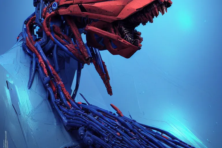 Image similar to portrait of a posed hyper detailed ultramarine burrower evangelion realistic mechanical and fleshy organic creature similar look as horizon forbidden west horizon zero dawn bioluminiscence in a dark deep forest at dawn in spring, with reflection and textures, by kilian eng, substance painter reaslitic mech surface metal painted scratches