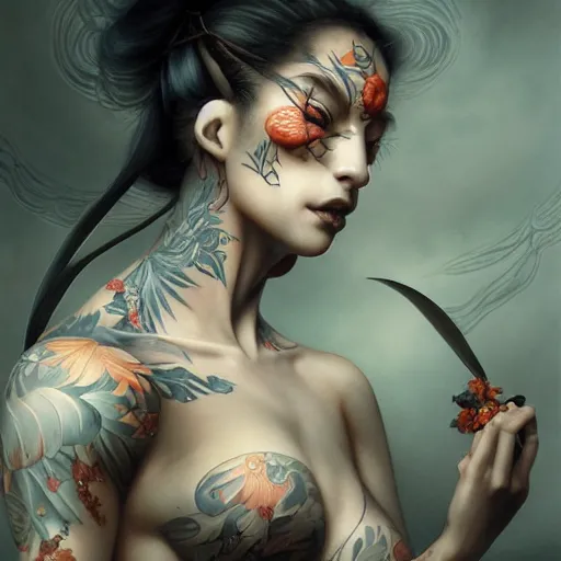 Image similar to ultra realistic, beautiful mixed woman with tattoos, wearing a kimono, japanese inspired, in the style of peter mohrbacher by weta digital and beth cavener, intricate, masterpiece, award winning, intricate