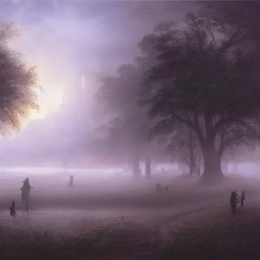 Prompt: beautiful misty landscape with dark figures playing cellos