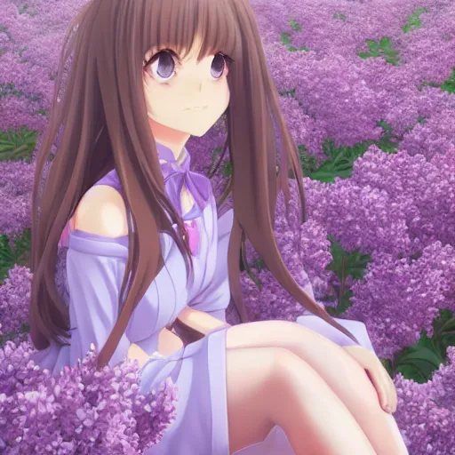 Image similar to portrait of a girl sitting at the field of lilac, anime fantasy illustration by tomoyuki yamasaki, kyoto studio, madhouse, ufotable, trending on artstation