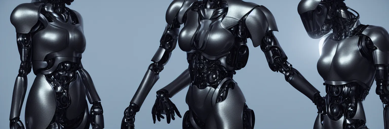 Image similar to hyper realistic s y m b i o s i s, female cyborg, glossy material surface, full body armour, octane render, 4 k, volumetric lights