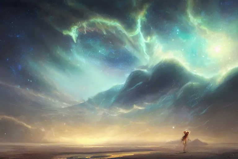 Image similar to the night sky is an upside down ocean, the stars are fish in the depths, the night sky is a sea, distant nebula are glowing algae, the ghostly cosmic star child looks down from the veil of the sky, her hair is the milky way, starscape of luminous pastels, fantasy painting by jessica rossier