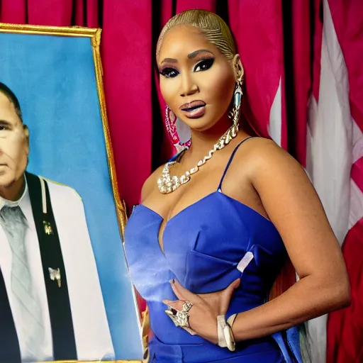 Image similar to president photo of Nicki Minaj real portrait, flag of Argentina behind, background out of focus, in the presidential room,