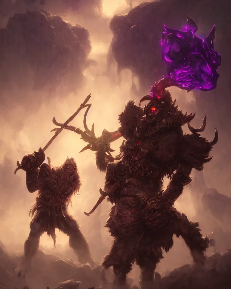 Image similar to portrait of a fantasy barbarian minotaur with giant horns, golden nose ring, purple fungal organic prosthetic arm, wielding an axe with a bone handle, glowing aura, 4 k, concept art, matte painting, greg rutkowski, artstation