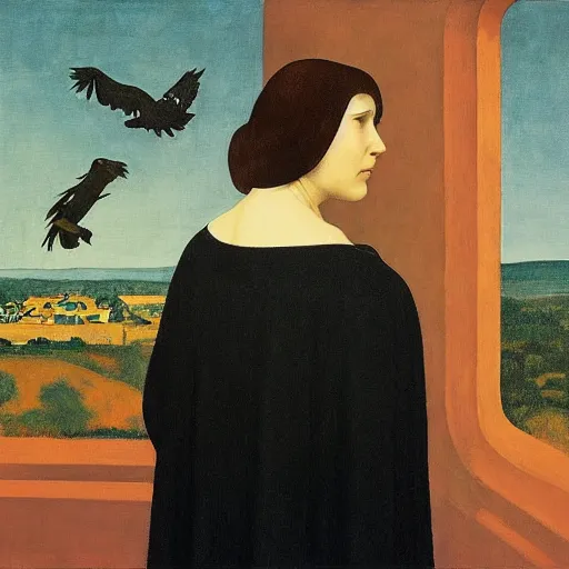 Image similar to a woman in a medieval city, a lots of crows, hyperrealistic film still by edward hopper, by gottfried helnwein, by klimt, by paolo uccello, art nouveau, highly detailed, strong lights, liminal, eerie, symbolist, bright pastel colors