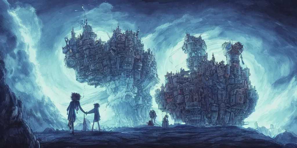 Prompt: Howl\'s Moving Castle at night, dark, dark blue, hyper-detailed, trending on Artstation, 8k, 4k, high-res, digital art