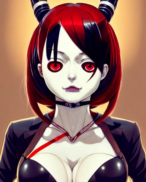 Image similar to portrait Anime as black-red harley-quinn girl cute-fine-face, brown-red-hair pretty face, realistic shaded Perfect face, fine details. Anime. harlequin suit realistic shaded lighting by Ilya Kuvshinov katsuhiro otomo ghost-in-the-shell, magali villeneuve, artgerm, rutkowski, WLOP Jeremy Lipkin and Giuseppe Dangelico Pino and Michael Garmash and Rob Rey