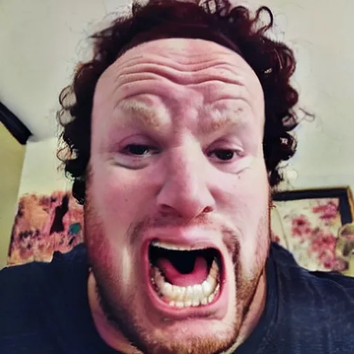 Prompt: a guy with a heavily receding hairline and curly reddish brown hair with multiple chins receding his head into his multiple chins while making a stupid funny meme face selfie