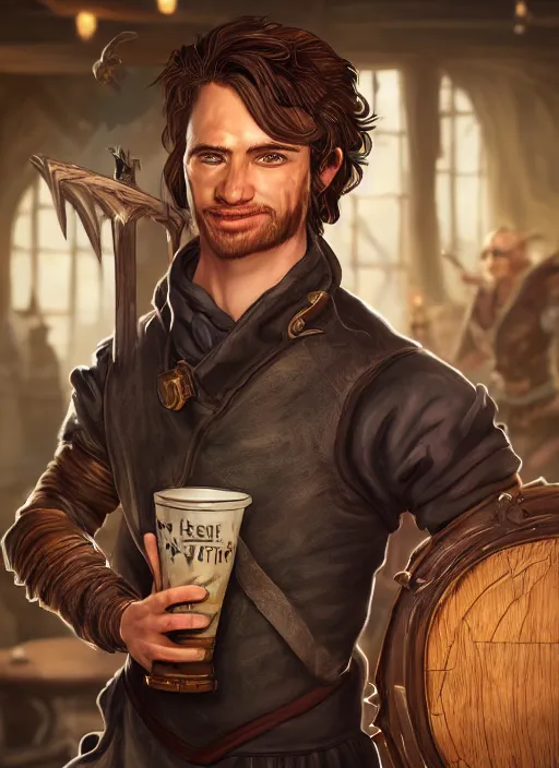 Image similar to An epic fantasy comic book style portrait painting of a handsome young man with brown wavey hair, wearing thief clothing in a tavern and smiling with a wooden tankard in hand, unreal 5, DAZ, hyperrealistic, octane render, cosplay, RPG portrait, dynamic lighting