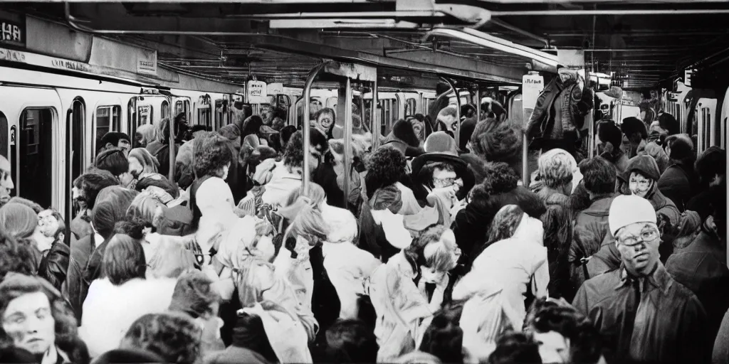 Image similar to 1 9 7 0's new york subway, crowd doing graffiti on a train in the depot, coloured film photography, christopher morris photography, bruce davidson photography