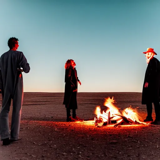 Image similar to atmospheric photograph of three ravers, two men, one woman in a trenchcoat blessing the earth, seen from behind, talking around a fire, dancefloor kismet, diverse costumes, clean composition, desert transition area, bonfire, night, australian desert, xf iq 4, symmetry, sony a 7 r, 1 5 0 mp, 5 0 mm