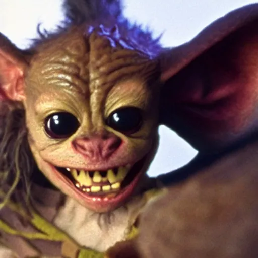 Image similar to a film still of gremlin grinning evily with a scar on its face in star wars realistic, detailed