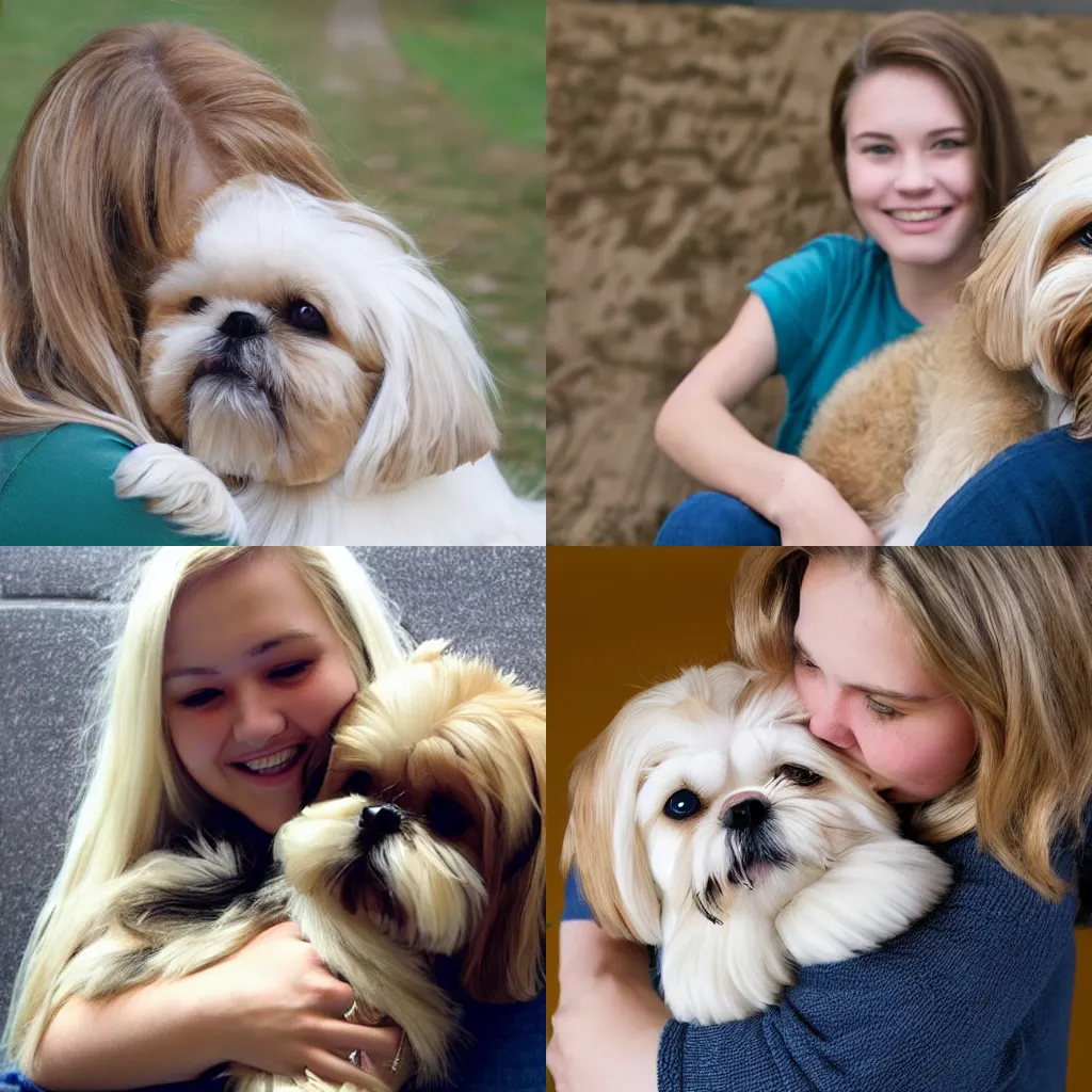 Prompt: photo of a caucasian teenage girl with medium length blonde hair cuddling her cute shih tzu dog