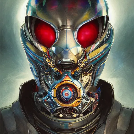 Image similar to low angle shot of a cyberpunk gazmask multicolored robot character, intricate, elegant, highly detailed, centered, digital painting, artstation, concept art, smooth, sharp focus, illustration, artgerm, Tomasz Alen Kopera, Peter Mohrbacher, donato giancola, Joseph Christian Leyendecker, WLOP, Boris Vallejo