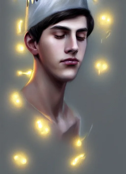 Image similar to portrait of teenage jughead jones wearing a light grey crown, photorealistic, crown, eyes closed, crown, black hair, intricate, elegant, glowing lights, highly detailed, digital painting, artstation, concept art, smooth, sharp focus, illustration, art by wlop, mars ravelo and greg rutkowski