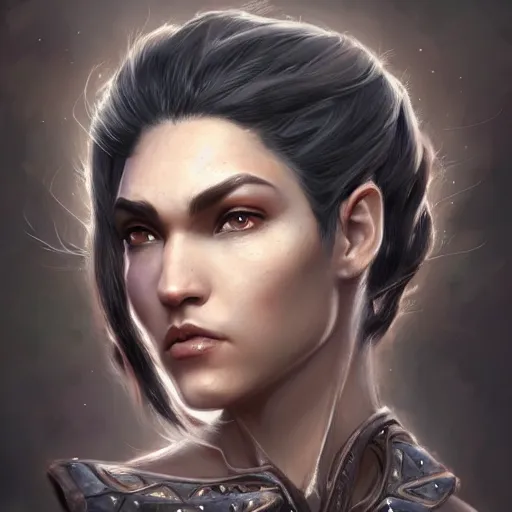 Image similar to beautiful, very strong, mixed race, female, middle aged, face, no makeup, warrior, head shot, fantasy, highly detailed, digital painting, artstation, concept art, smooth, sharp focus, illustration, art by jodie muir and brom