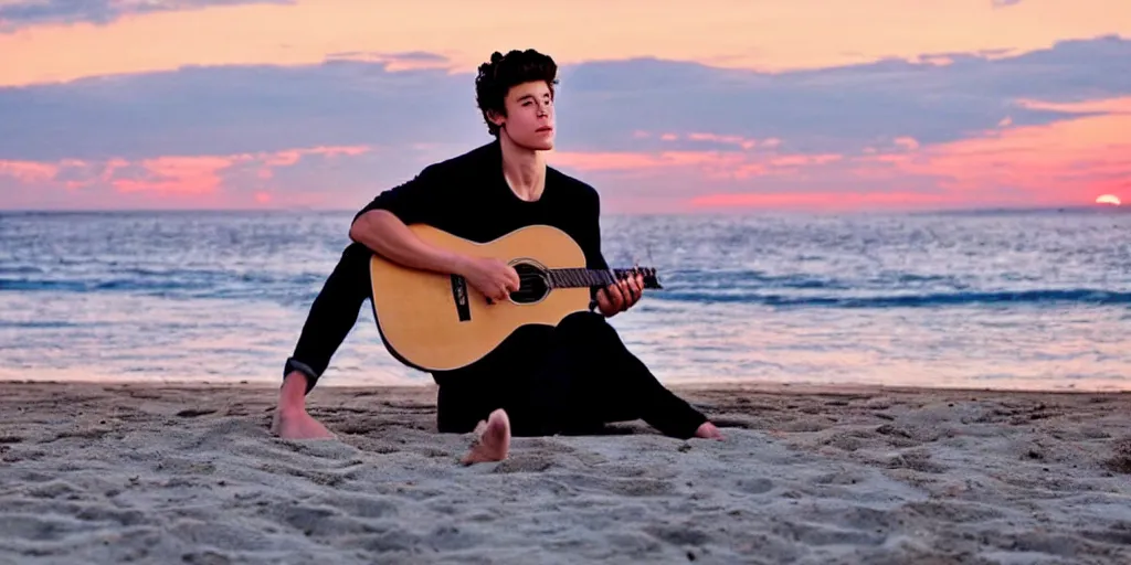 Image similar to Shawn Mendes en la playa tocando la guitarra at sunset