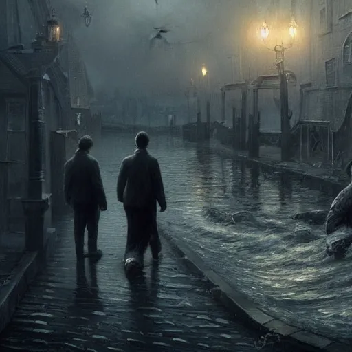 Image similar to shadow over innsmouth, people walking out of the water, painted by seb mckinnon, high detail, dramatic light, digital art, painted by greg rutkowski, promotional movie posterart, trending on artstation