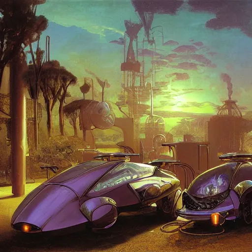 Prompt: painting of syd mead artlilery scifi organic electric car charging station with ornate metal work lands on a farm, fossil ornaments, volumetric lights, purple sun, andreas achenbach