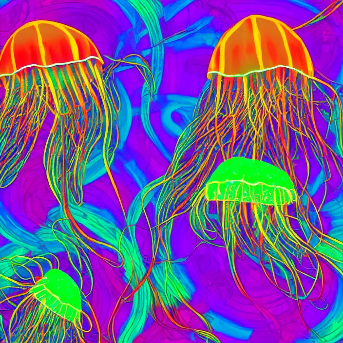 Image similar to psychedelic colored jellyfish, bright neon colors, digital art