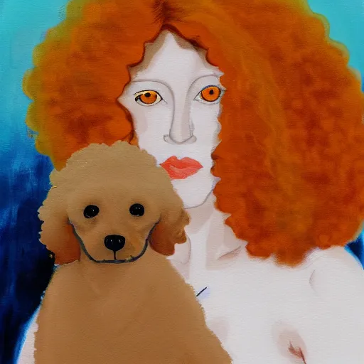 Image similar to an abstract painting of a beautiful pale woman with orange hair holding both a curly headed baby boy and also a brown poodle