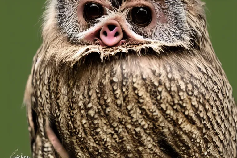 Image similar to a pig owl!!! hybrid! hyper realistic!! realistic lighting!! wildlife photographer of the year!!! bold natural colors, national geographic, hd, wide angle, 8 k