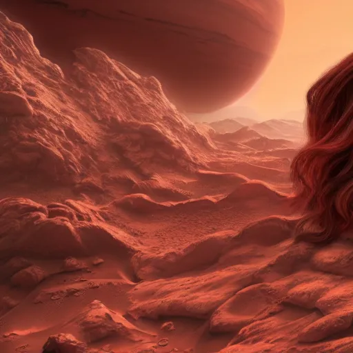 Prompt: Still of a Martian woman with gorgeous flowing hair on Mars, sitting on a Martian rock, reddish atmosphere with detailed highlights, dark gloomy sky cascading upon the atmosphere, well-detailed ornate Martian mountains in the background, trending on artstation, 4k, 8k