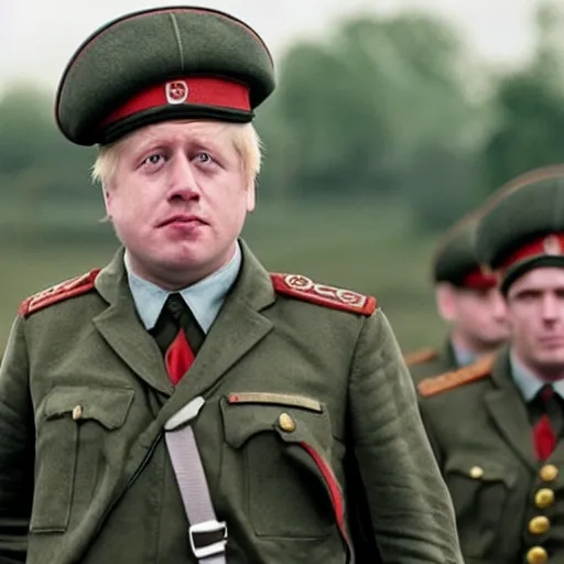 Image similar to movie scene boris johnson in ussr soldiers uniform, photorealistic, highly detailed 8 k