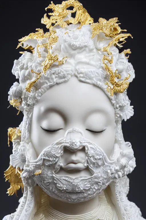 Image similar to full head and shoulders, beautiful female white, porcelain sculpture, with ornate willow china pattern, lots of ornate gold leaf 3 d japanese dragons attached to head by daniel arsham and james jean, on a white background, delicate facial features, white eyes, white lashes,