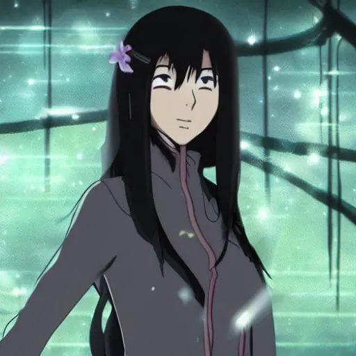 Prompt: a female anime character with long black hair, in a misty jungle surrounded by broken technology, in the style of mamoru oshii, ghost in the shell