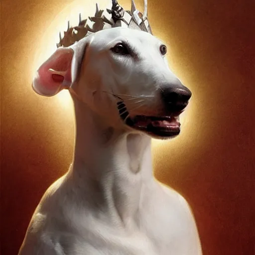 Prompt: A masterpiece portrait of a white greyhound holding a sword. Greyhound is wearing a knights helmet. Very detailed. intricate, elegant, highly detailed. trending on artstation, digital art, by Stanley Artgerm Lau, WLOP, Rossdraws, James Jean, Andrei Riabovitchev, Marc Simonetti, Yoshitaka Amano