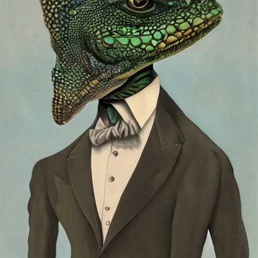 Prompt: A portrait of a humanoid lizard wearing a suit, eerie, by Salvador Dali