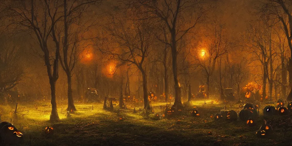 Image similar to a halloween landscape in november, by Ernest deutsch + Ted Nasmith, cinematic lighting, masterpiece, highly detailed, 8k resolution, trending on art station