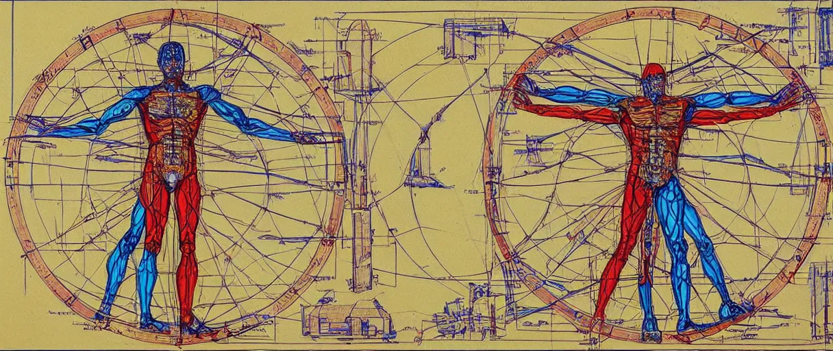 Prompt: a brilliantly colored painting of an exploded diagram of a detailed engineering schematic of a robot in the pose vitruvian man in the style of jean giraud