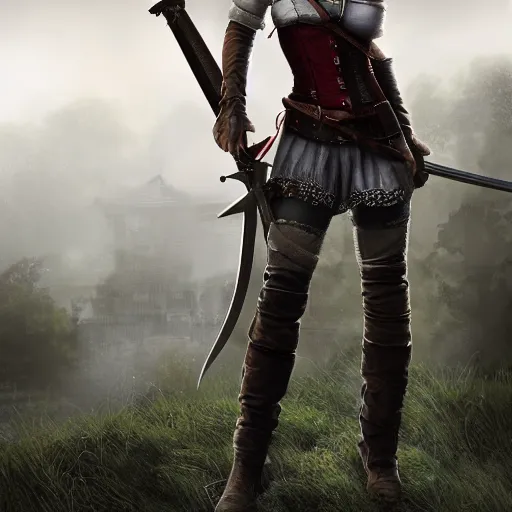 Image similar to Ciri from the Witcher standing on a roof holding a sword, realistic digital art.