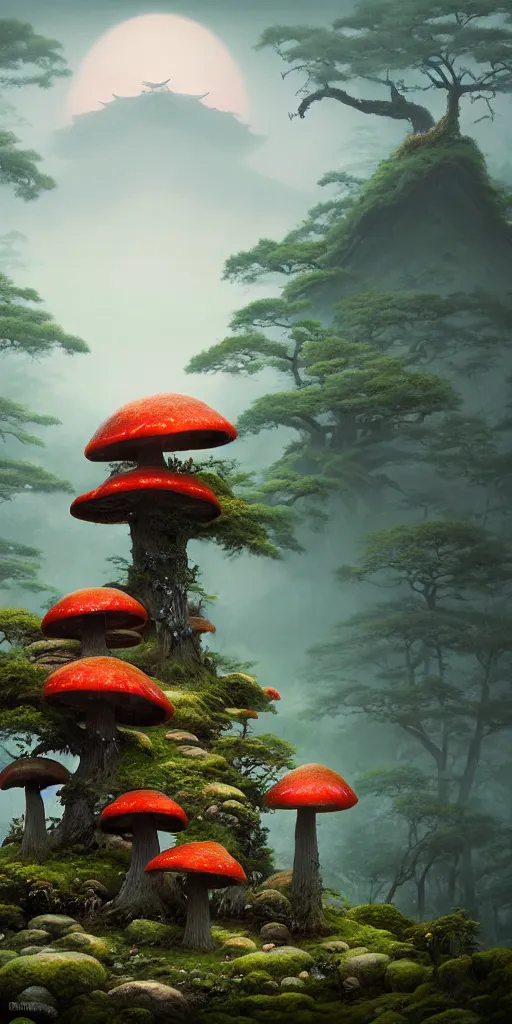 Prompt: japanese style shrine on top of a misty mountain overgrown by glowing mushrooms, hyper realistic, lush gnarly plants, 8 k, denoised, by greg rutkowski, tom bagshaw, james gurney cinematic lighting
