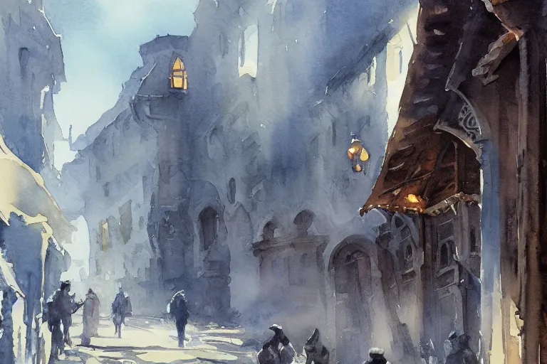 Prompt: small centered on watercolor paper, paint brush strokes, abstract watercolor painting of medieval city entrance, giant iron door, cinematic light, national romanticism by hans dahl, by jesper ejsing, by anders zorn, by greg rutkowski, by greg manchess, by tyler edlin