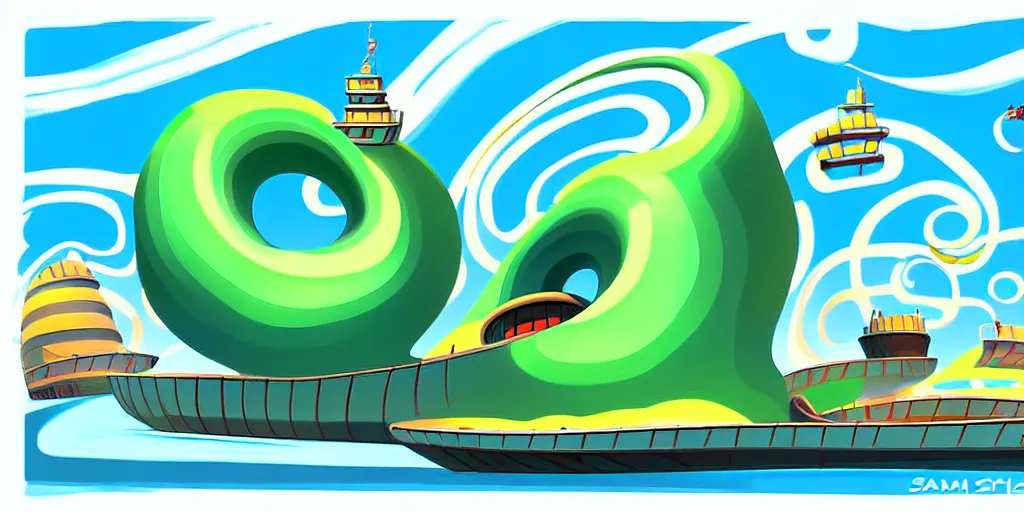 Image similar to chubby spiral shape cartoon concept art, ship port, from lorax movie, black blue green, spiral clouds, sam and max