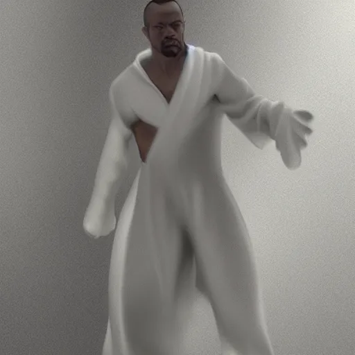 Image similar to thunder man, white robe, hallway, artstation