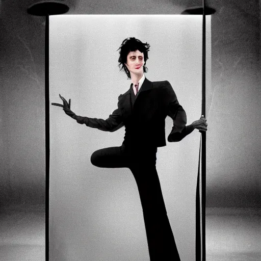 Prompt: A photgraphic portrait of the character, Desire, a tall, smiling androgyne with black hair and a grey pinstripe suit, studio lighting, medium shot, Life Magazine, 1978, Vertigo Comics, The Sandman written by Neil Gaiman, against a stormy sky
