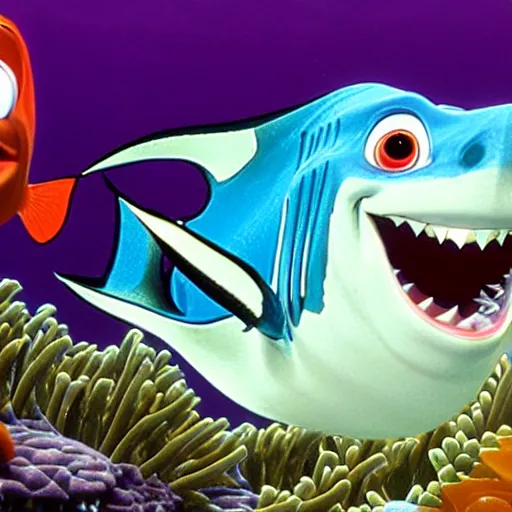 Image similar to finding nemo but nemo eats a shark hyperrealism