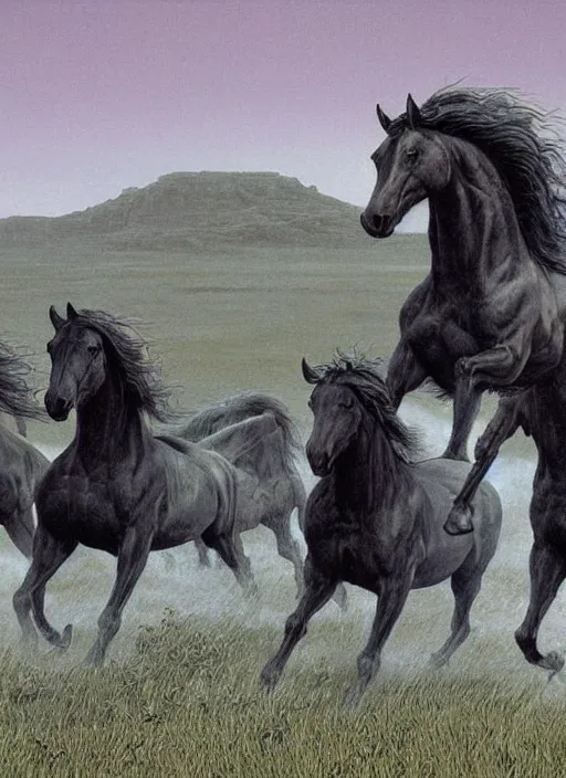 Prompt: three horses running in a field, by wayne barlowe,