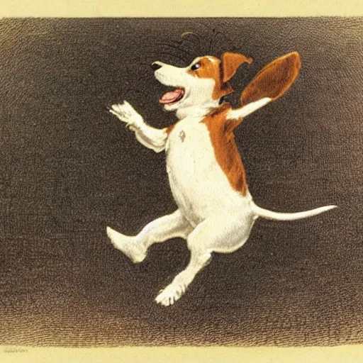 Prompt: portrait of a happy smiling jack russel terrier jumping, closeup, illustrated by peggy fortnum and beatrix potter and sir john tenniel