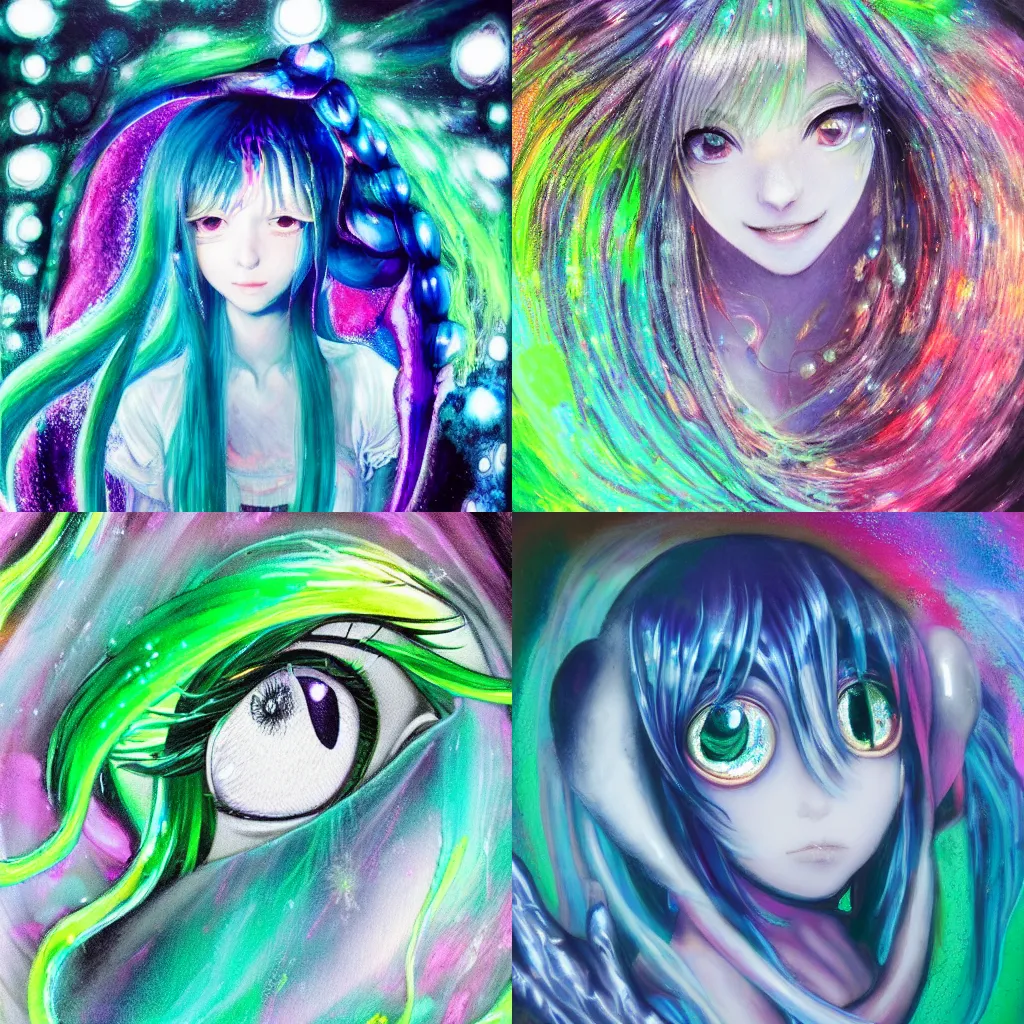 Prompt: A bright thick silver liquid seeping through,highly detailed painting of Hatsune Miku with sparkly googly anime eyes, chiaroscuro, masterpiece painted by Claude Monet, nacre painting by Grace Pailthorpe, paint-on-glass painting, pastel oil inks, very ethereal, dark, chiaroscuro, nacre, neon static, neon gradient, vantablack, chiaroscuro, paint-on-glass painting, oil inks, very ethereal, silver light