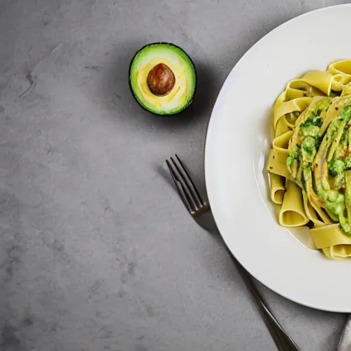 Prompt: a fettuccine pasta with avocado sauce, food photography