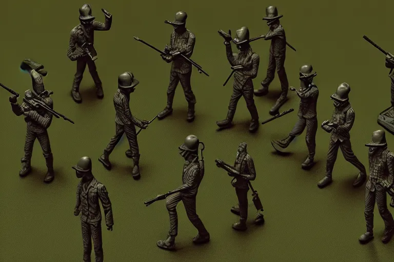 Prompt: isometric toy soldiers, dark landscape, by dan mumford and by alberto giacometti, peter lindbergh, malevich, william stout, zbrush