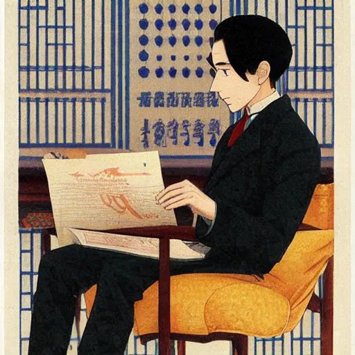 Image similar to anime detective joseph goebbels by hasui kawase by richard schmid